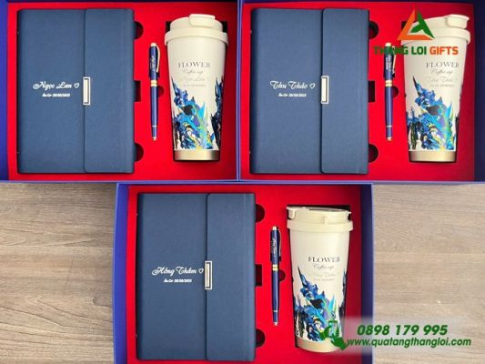 Giftset (Sổ+Ly+Bút) Màu Xanh - In Khắc Tên Nội Dung Làm Quà Tặng