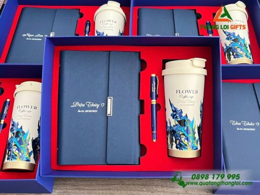 Giftset (Sổ+Ly+Bút) Màu Xanh - In Khắc Tên Nội Dung Làm Quà Tặng