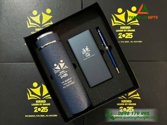 Set Quà Tặng (Bình+Pin+Bút) - In Khắc Logo HRMD Làm Quà Tặng