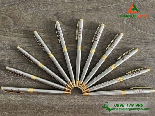 Bút Ký Kim Loại Xoay Thân Inox Khoen Vàng - In Logo GLEN