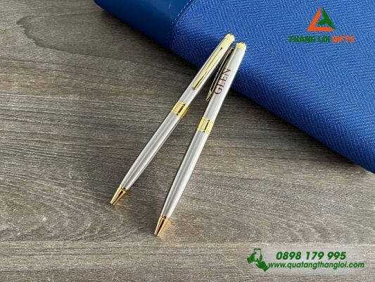 Bút Ký Kim Loại Xoay Thân Inox Khoen Vàng - In Logo GLEN