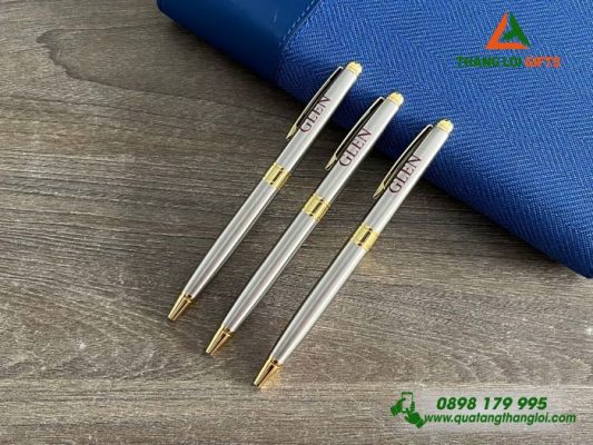Bút Ký Kim Loại Xoay Thân Inox Khoen Vàng - In Logo GLEN