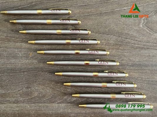 Bút Ký Kim Loại Xoay Thân Inox Khoen Vàng - In Logo GLEN