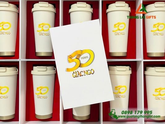 Bộ Ly Giữ Nhiệt 530ml Màu Trắng - In Logo 50 Năm Báo Giác Ngộ
