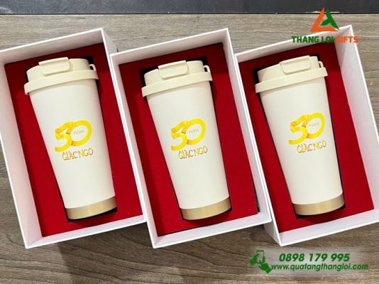 Ly Giữ Nhiệt 530ml Màu Trắng - In Logo 50 Năm Báo Giác Ngộ
