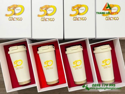 Bộ Ly Giữ Nhiệt 530ml Màu Trắng - In Logo 50 Năm Báo Giác Ngộ