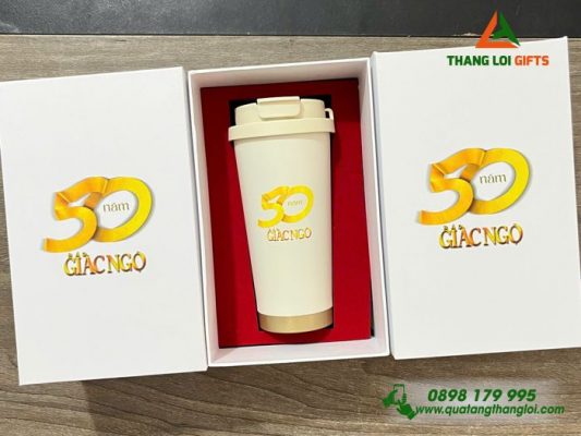 Bộ Ly Giữ Nhiệt 530ml Màu Trắng - In Logo 50 Năm Báo Giác Ngộ
