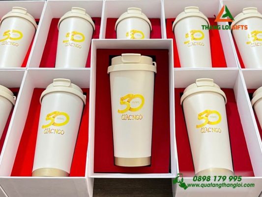 Ly Giữ Nhiệt 530ml Màu Trắng - In Logo 50 Năm Báo Giác Ngộ