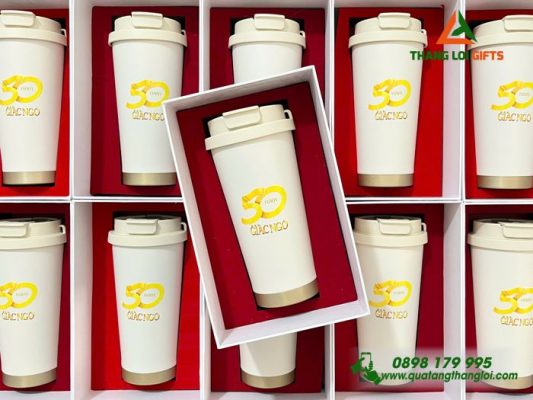 Ly Giữ Nhiệt 530ml Màu Trắng - In Logo 50 Năm Báo Giác Ngộ