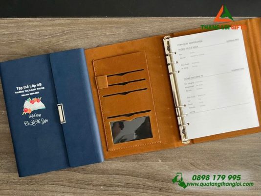 Sổ Da Bìa Còng Gập 3 Màu Xanh - In Logo Trường THCS Linh Trung