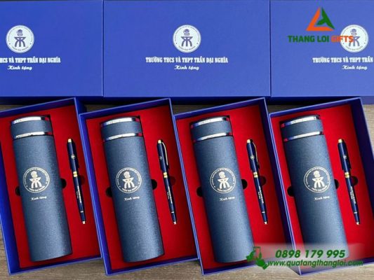 Set Quà Tặng (Bình+Bút) - In Khắc Logo Trường THCS&THPT Trần Đại Nghĩa
