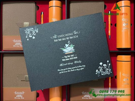 Giftset (Sổ+Bình+Bút) Màu Cam - In Khắc Nội Dung Tri Ân Thầy Cô