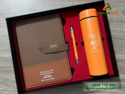 Giftset (Sổ+Bình+Bút) Màu Cam - In Khắc Nội Dung Tri Ân Thầy Cô