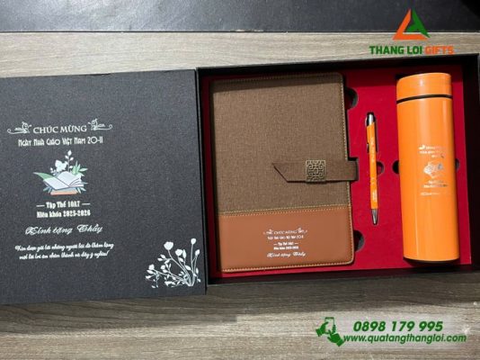 Giftset (Sổ+Bình+Bút) Màu Cam - In Khắc Nội Dung Tri Ân Thầy Cô