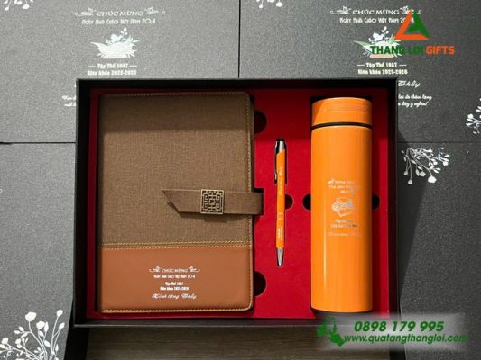 Giftset (Sổ+Bình+Bút) Màu Cam - In Khắc Nội Dung Tri Ân Thầy Cô
