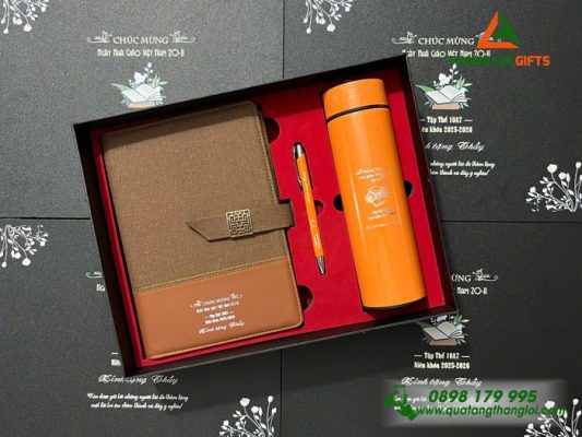 Giftset (Sổ+Bình+Bút) Màu Cam - In Khắc Nội Dung Tri Ân Thầy Cô