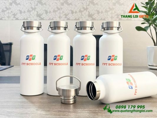 Bình Giữ Nhiệt 500ml Màu Trắng - In Logo Trường FPT Schools