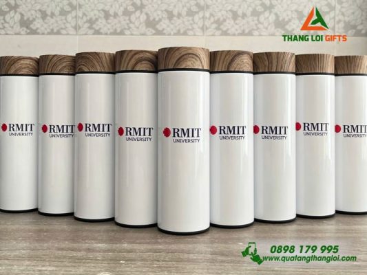 Bình Giữ Nhiệt Nắp Gỗ 500ml - In Logo Trường Đại Học RMIT