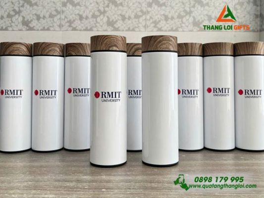 Bình Giữ Nhiệt Nắp Gỗ 500ml - In Logo Trường Đại Học RMIT