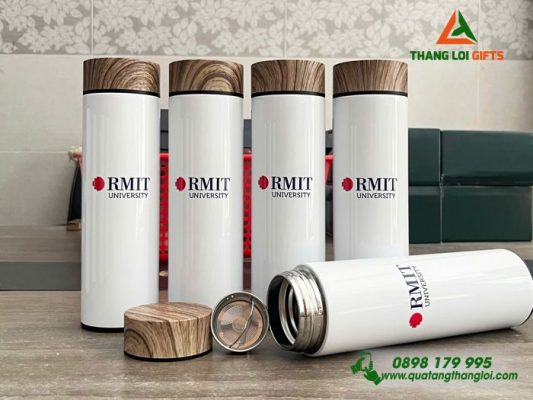 Bình Giữ Nhiệt Nắp Gỗ 500ml - In Logo Trường Đại Học RMIT