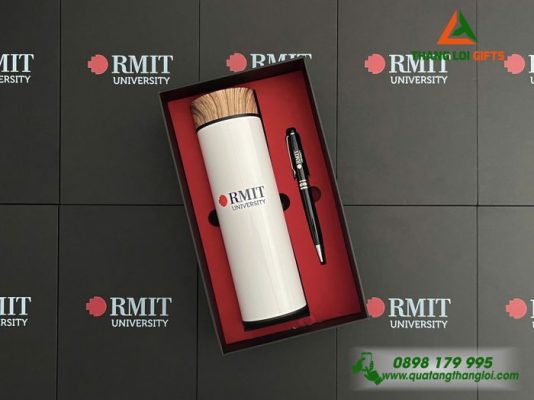 Set Quà Tặng (Bình Nắp Gỗ+Bút) - In Khắc Logo Trường Đại học RMIT