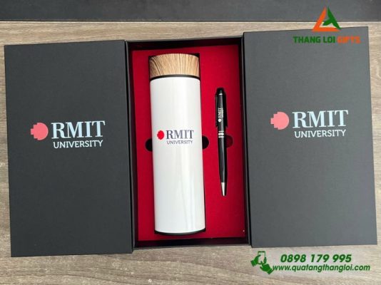 Set Quà Tặng (Bình Nắp Gỗ+Bút) - In Khắc Logo Trường Đại học RMIT