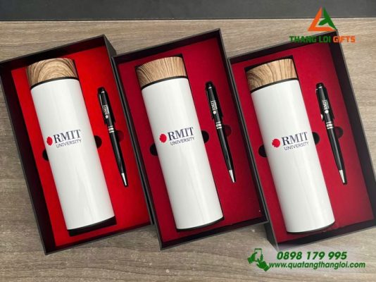 Set Quà Tặng (Bình Nắp Gỗ+Bút) - In Khắc Logo Trường Đại học RMIT