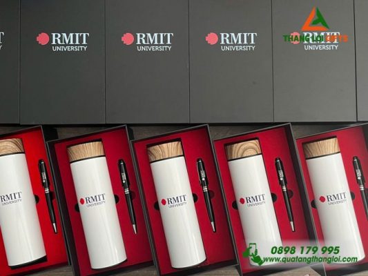 Set Quà Tặng (Bình Nắp Gỗ+Bút) - In Khắc Logo Trường Đại học RMIT