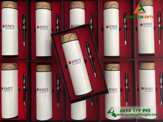 Set Quà Tặng (Bình Nắp Gỗ+Bút) - In Khắc Logo Trường Đại học RMIT