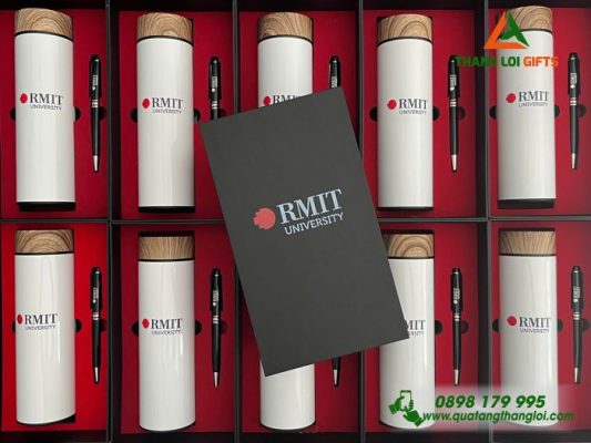Set Quà Tặng (Bình Nắp Gỗ+Bút) - In Khắc Logo Trường Đại học RMIT