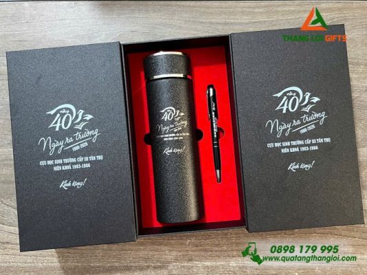 Set Quà Tặng (Bình+Bút) - In Khắc Logo 40 Năm Trường Cấp III Tân Trụ