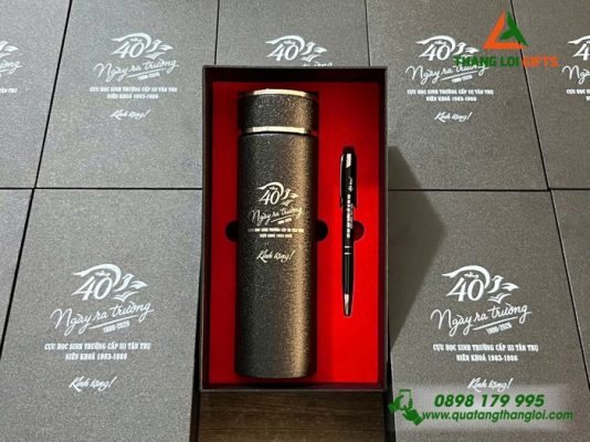 Set Quà Tặng (Bình+Bút) - In Khắc Logo 40 Năm Trường Cấp III Tân Trụ