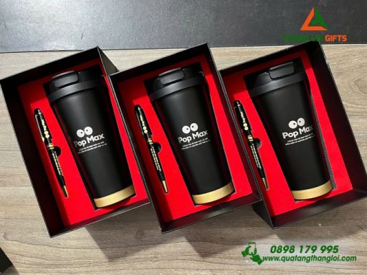 Combo Quà Tặng (Ly+Bút) Màu Đen - In Khắc Logo POP MAX