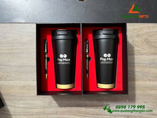 Combo Quà Tặng (Ly+Bút) Màu Đen - In Khắc Logo POP MAX