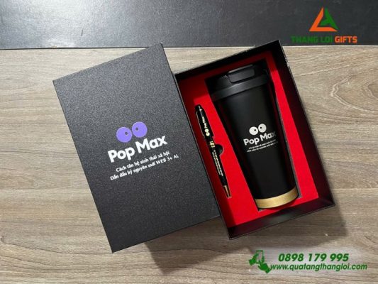 Combo Quà Tặng (Ly+Bút) Màu Đen - In Khắc Logo POP MAX