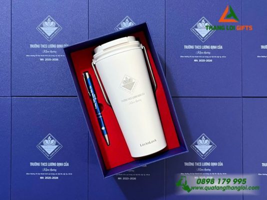 Bộ Quà Tặng (Ly Lock+Bút) - In Khắc Logo Trường THCS Lương Định Của