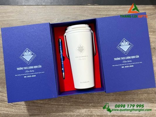 Bộ Quà Tặng (Ly Lock+Bút) - In Khắc Logo Trường THCS Lương Định Của