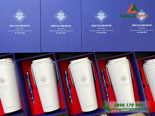 Bộ Quà Tặng (Ly Lock+Bút) - In Khắc Logo Trường THCS Lương Định Của