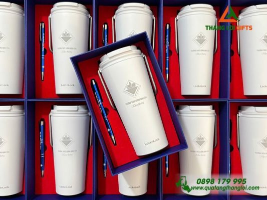 Bộ Quà Tặng (Ly Lock+Bút) - In Khắc Logo Trường THCS Lương Định Của