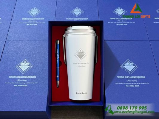 Bộ Quà Tặng (Ly Lock+Bút) - In Khắc Logo Trường THCS Lương Định Của
