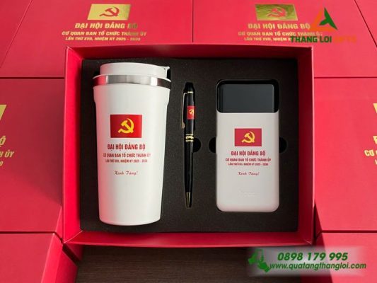 Bộ Quà Tặng (Ly+Pin Sạc+Bút) In Khắc Logo Đảng Làm Quà Tặng