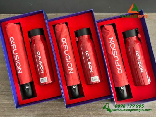 Giftset (Dù Cầm Tay+Bình Giữ Nhiệt) - In Logo Thương Hiệu FUSION