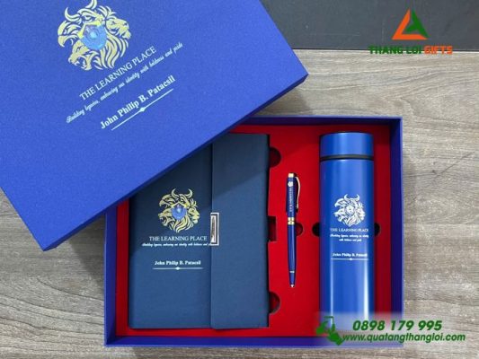 Giftset (Sổ+Bình+Bút) Màu Xanh - In Khắc Logo THE LEARNING PLACE