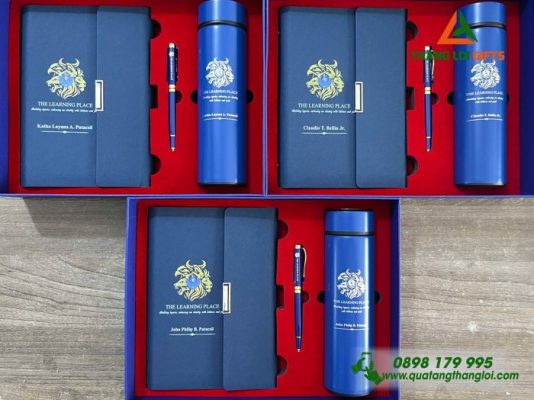 Giftset (Sổ+Bình+Bút) Màu Xanh - In Khắc Logo THE LEARNING PLACE