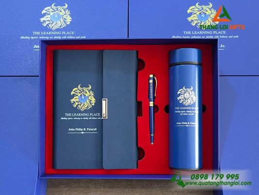Giftset (Sổ+Bình+Bút) Màu Xanh - In Khắc Logo THE LEARNING PLACE