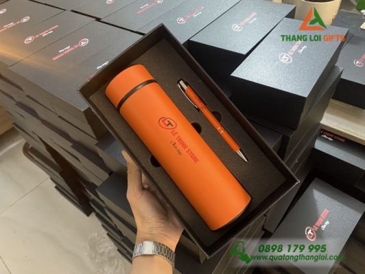 Bộ Quà Tặng (Bình+Bút) Màu Cam - In Khắc Logo Lê Trịnh Store