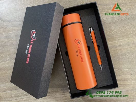 Bộ Quà Tặng (Bình+Bút) Màu Cam - In Khắc Logo Lê Trịnh Store