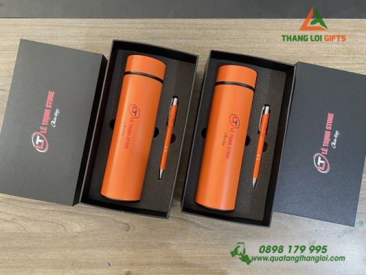 Bộ Quà Tặng (Bình+Bút) Màu Cam - In Khắc Logo Lê Trịnh Store