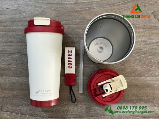 Ly Giữ Nhiệt 530ml Màu Đỏ In Logo Nha Khoa Peace Dentistry 