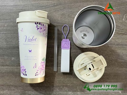 Ly Giữ Nhiệt Hoa Violet Màu Tím - Khắc Tên Làm Quà Tặng